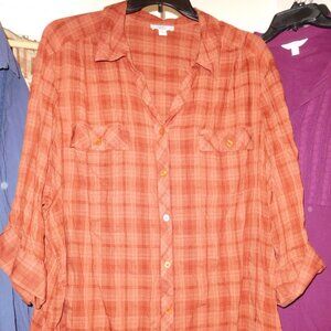 4XCROFT & BARROW BURNT ORANGE PLAID 3/4 SLEEVE COTTON BLOUSE
